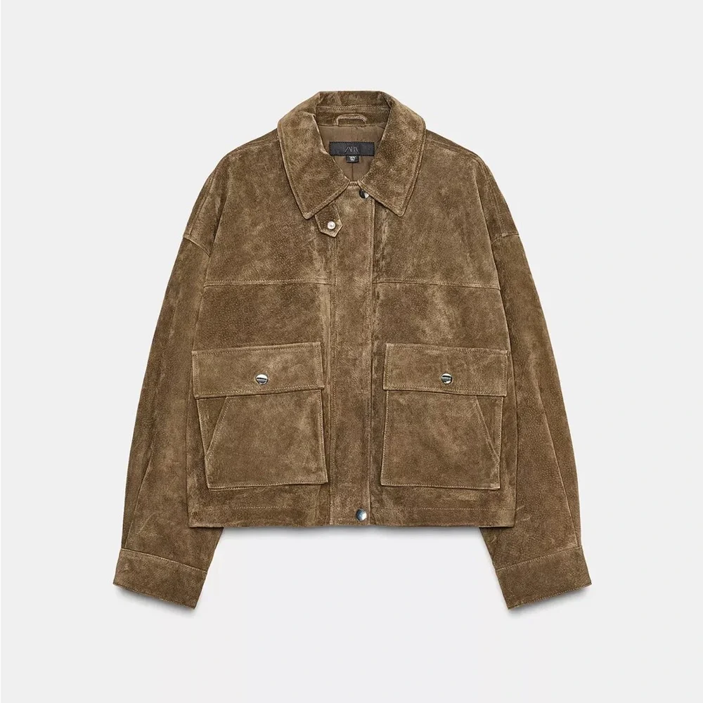 Zara Olive Brown natural suede leather bomber jacket - Picture 2 of 11